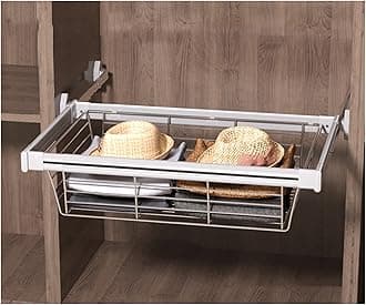 Wardrobe Pull Out Baskets Slide Rail Cabinet Storage Basket, Suitable for Sorting Wardrobe Clothes and Storage and Air Drying of Kitchen Utensils (Color : Silver, Size : 414-464mm)