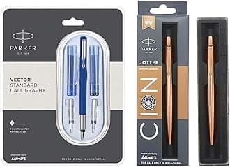 Calligraphy CT Fountain Pen (Blue), 7 Piece Set Jotter Anti Microbial Ball Pen (Ink - Blue)