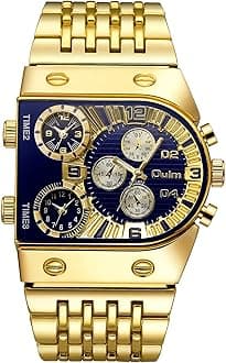 CARLIEN Men’s Luxury Rectangle Square Gold Silver Big Face Luminous Waterproof Quartz Watch Sports Multi-Time Zone Military Stainless Steel Male Dress Wristwatch