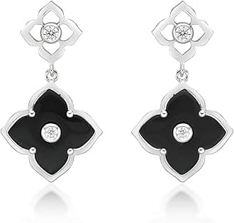 Black Onyx, Green Malachite or Mother of Pearl Flower Dangling Drop Earrings for Women in 925 Sterling Silver with Rose Gold Plating Post Back by Lavari Jewelers