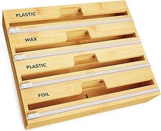 SpaceAid WrapNeat 4 in 1 Wrap Organizer with Cutter and Labels, Plastic Wrap, Aluminum Foil and Wax Bamboo Dispenser for Kitchen Storage Organization Holder for 12" Roll (Natural, 4-Slot)