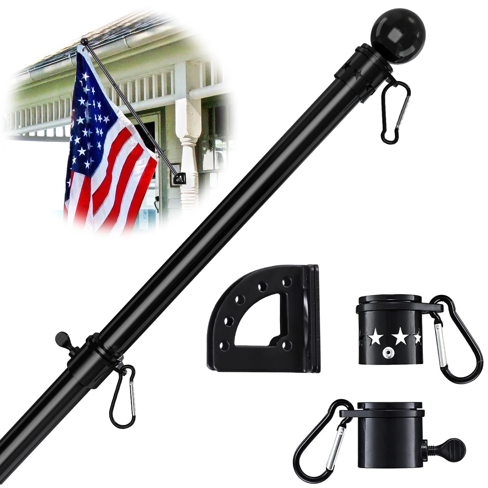 YeYeBest Black Flag Pole, Adjustable 5 Angles Flag Pole for House, 6 FT Tangle Free Flag Pole Kit with Holder Bracket, Stainless Steel Flagpoles Heavy Duty for Outside