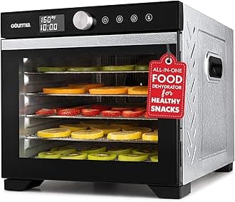 Gourmia Digital Food Dehydrator – 6 Stainless Steel Trays, 360° Airflow, One-Touch Presets, Adjustable Temp 95–165°F, Timer, Glass Door, Quiet Operation, 600W – Healthy Snacks, Jerky, Fruits & More