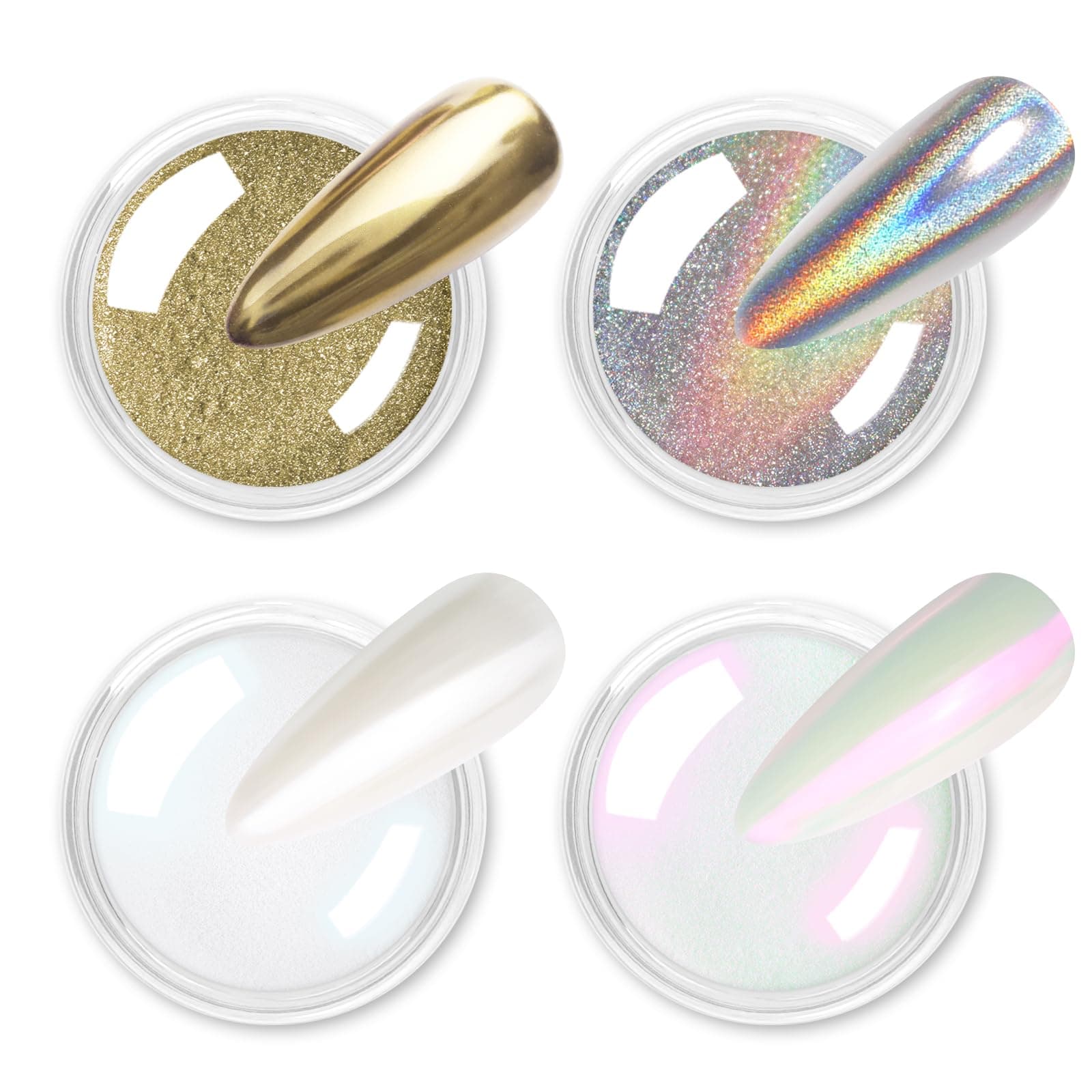 Allstarry Chrome Nail Powder 4pcs White Pearl Chrome Pigment Powder Iridescent Holographic Nail Glitter Dust Metallic Mirror Effect Pigment for Nail Gel Manicure DIY at Home Salon Women Gifts