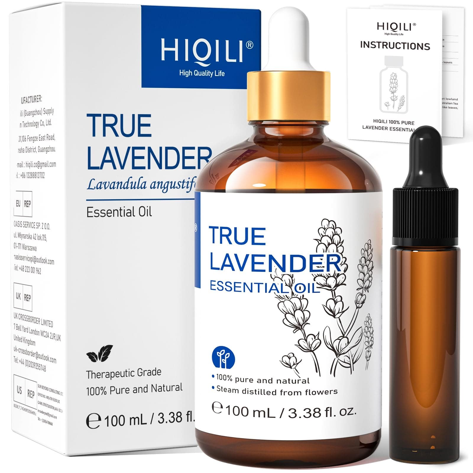 HIQILI 100ml Lavender Essential Oil Pure, 100% Natural Therapeutic Grade for Aromatherapy Diffuser, Skin Care, Hair, Includes Premium Quality Glass Dropper