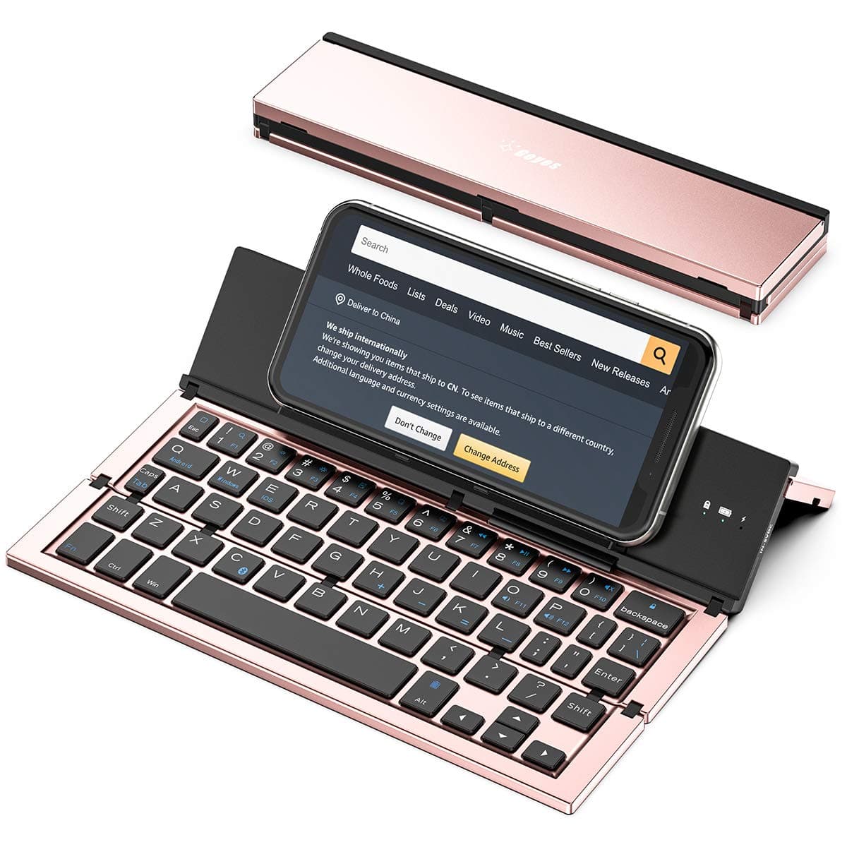 Folding Bluetooth Keyboard, Portable Travel Foldable Keyboard for iPhone Xs max/x/8/7 Plus/7/6s Plus/6/iPad 2018 9.7/Air 2 /Pro 9.7/iPad Mini 4, Samsung Android Tablet Smart Phone (Rose Gold)