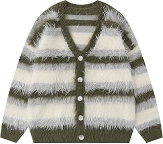 Bakyarder Men's Color Blocking Striped Fuzzy Cardigan Casual Vintage Oversized Button Down Knit Sweater