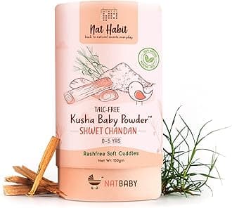 Nat Habit Shwet Chandan Kusha Baby Powder | Talc-Free, Rash-Free Dusting Powder for Newborns & Kids (0 to 5 Yrs) | Cornstarch Baby Powder for Summer, Face & Body | Ayurvedic Baby Puff Powder 150g