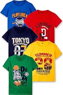 T2F Boys Cotton Regular fit T-Shirts Pack of 5 |Soft Cotton Breathable Fabric | Half Sleeve Round Neck | Casual Wear Combo | Kids Clothing