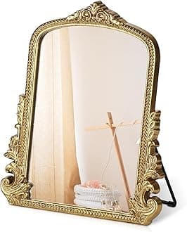 Vintage Makeup Mirror, Vanity Desk Mirror Antique Traditional Tabletop Mirror, Standing, Hang or Wall Mounted, Adjustable Dress-up Mirror, Gold Decor Mirror for Living Room,Bedroom (gold, 11.8*9.6 in)