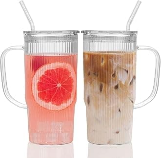 GOSCHE Glass Cups with Lids and Straws, Glass Tumbler with Handle for Iced Coffee, Tea, Juice, Smoothies, 24oz Drinking Cup with Plastic Lid for Hot & Cold Beverages, 2 Pcs