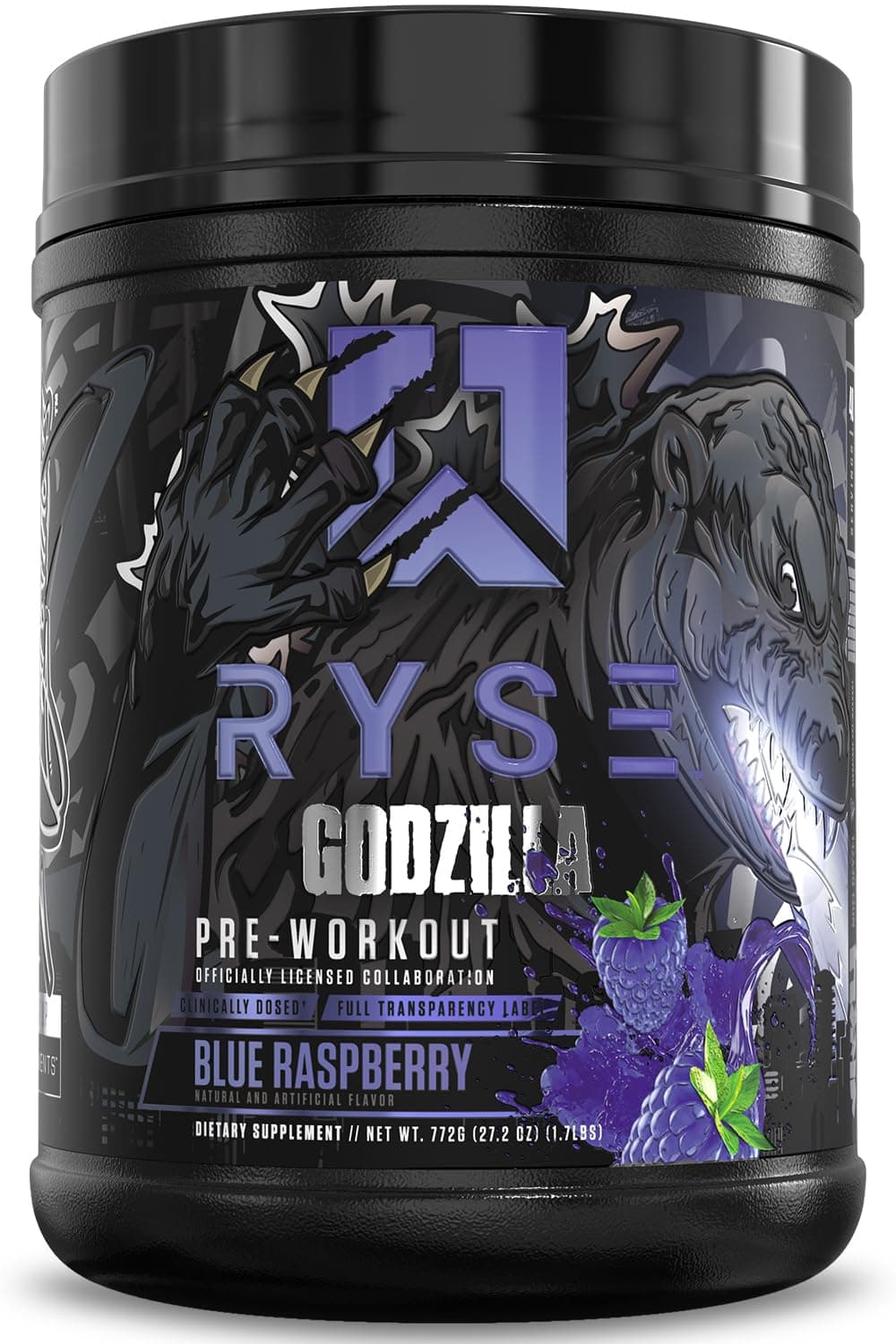 RYSE Godzilla X Noel Deyzel Pre Workout Powder - Blue Raspberry - 400mg Caffeine, High Stim Pre-Workout for Men & Women with Citrulline & Beta Alanine - Energy, Pump & Focus - 20/40 Servings