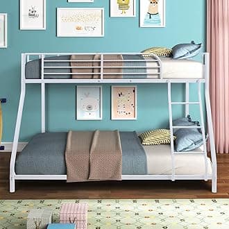 Bunk Bed Twin Over Full Sturdy Steel Metal Bed Frame with Flat Ladder and Guardrail for Children/Teens/Adults (White)