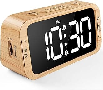 Odokee Digital Dual Alarm Clock for Bedroom, 0-100% Dimmer, Weekday/Weekend Mode, Easy to Set, USB Charger, Adjustable Alarm Volume with 5 Alarm Sounds, Snooze, 12/24Hr, Battery Backup (Wood Grain)