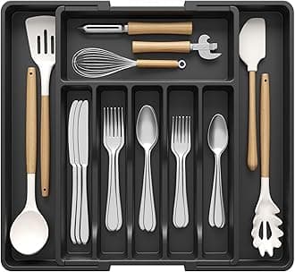 Lifewit Extendable Cutlery Drawer Organiser, Adjustable Cutlery Tray, Plastic Adjustable Kitchen Storage Dividers for Utensil Spoons Forks Knives, 8 Compartments, 33-57 x 42cm, Black