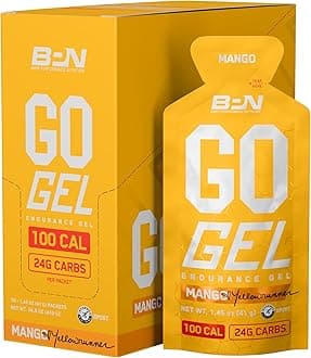 BARE PERFORMANCE NUTRITION BPN Go Gel Endurance Gel, Vegan + Gluten Free Running Gel with 24g of Carbohydrates & 100 Calories per Gel Pack, 10 Single-Serving Gel Packs, Mango