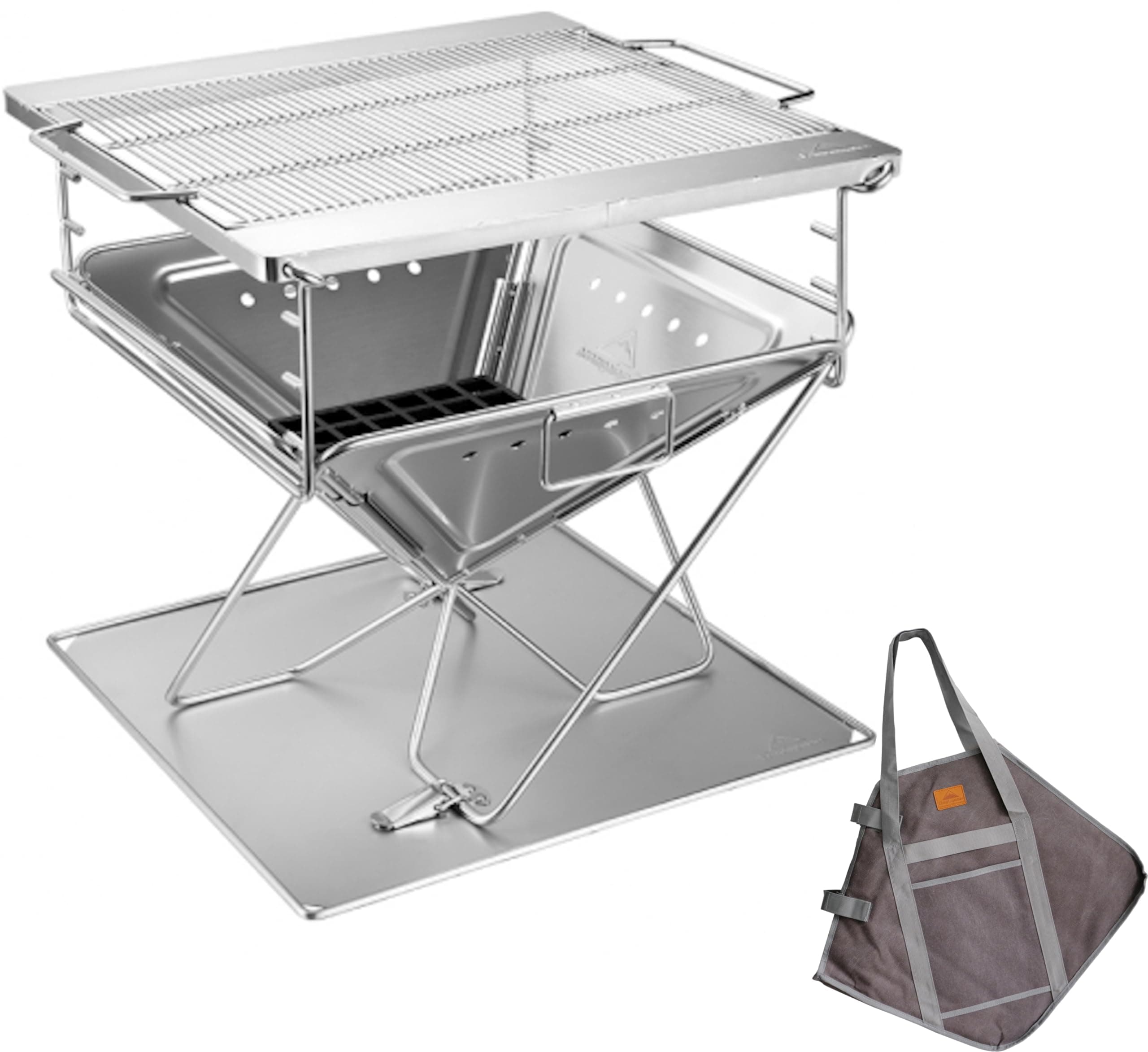 CAMPINGMOON 3 in1 Flatpack Portable Fire Pit Grill 16 inch Heavy Duty Stainless Steel Wood Burning Camping Stove Adjustable Height Backyard Outdoor Cooking RV Trips Carry Bag included MT-055