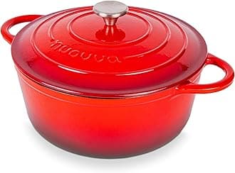 nuovva Cast Iron Dutch Oven with Lid – Non-Stick Ovenproof Enamelled Casserole Pot, Oven Safe up to 500° F – Sturdy Dutch Oven Cookware – Red, 6.4-Quart, 28cm –