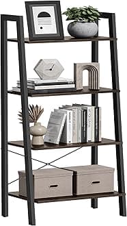 VASAGLE Ladder Shelf, 4-Tier Bookshelf, Storage Rack, Bookcase with Steel Frame, for Living Room, Home Office, Kitchen, Bedroom, Industrial Style, Hickory Brown and Ink Black ULLS44BF
