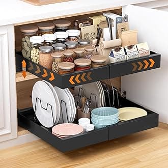 1Pack Expandable Pull Out Cabinet Organizer 16.5" D with Raising Pad for Framed Cabinets, Slide Out Drawers with 4pcs Divider Racks, Pull Out Shelves Adhesive, Adjustable Width 12.2"-20.7"