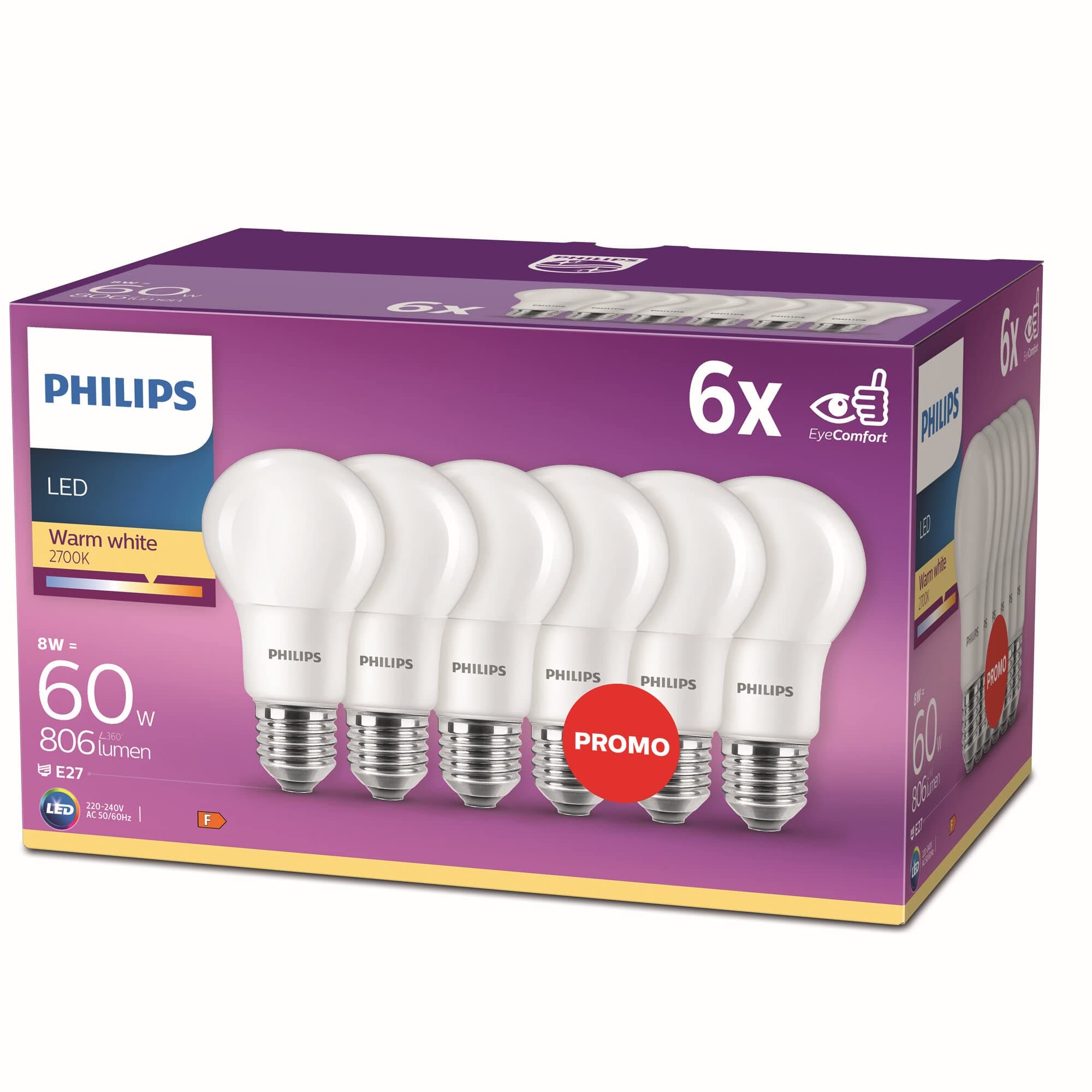 Philips LED E27 Frosted Light Bulbs, 8 W (60 W) - Warm White, Pack of 6