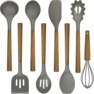 Umite Chef 8-Piece Silicone Cooking Utensil Set, Acacia Wood Handles, BPA Free, Grey, Medium & Small, Triangular & Rectangular, Kitchen Spatula Set