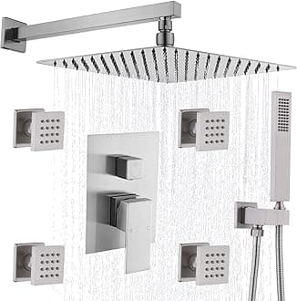 Full Body Shower System with Body Sprays Jets, 12 Inch Rain Shower Wall Mounted, All Metal Multiple Shower Head System, Contain Rough-in Shower Valve, Brushed Nickel