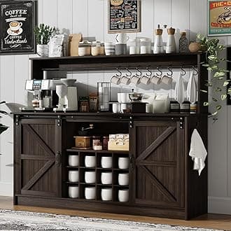 4ever2buy Farmhouse Coffee Bar Cabinet with 8 Hooks, 55” Kitchen Hutch Cabinet with Storage, Gray Coffee Bar with Sliding Barn Doors, Wine Bar Cabinet with 12 Racks for Living Dining Room, Dark Oak