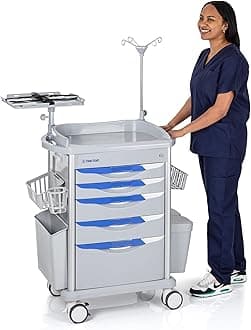 Stand Steady Emergency Crash Cart | Mobile Medical Cart with Drawers & Customizable Storage Bins | Medical Supply Cart with IV Pole, Cardiac Board, O2 Holder & UL-Safety Power Strip | Easy Assembly