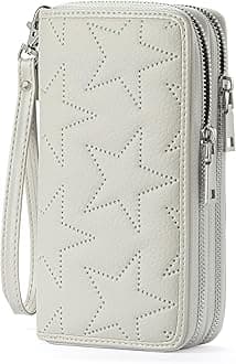 GOIACII Women's Wallet Large Capacity Double Zip Around Ladies Wallet with RFID Blocking Phone Wristlet Purse Star Off-white