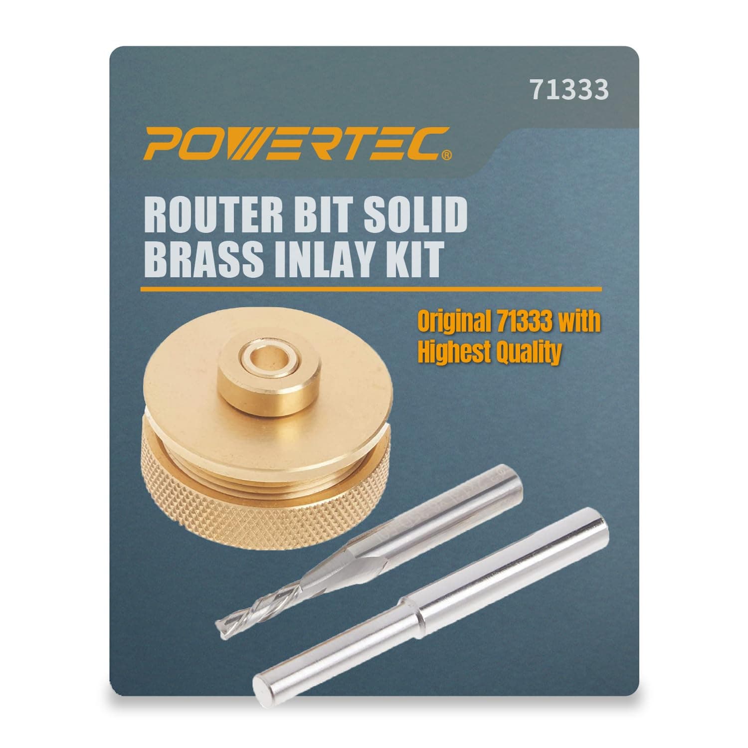 POWERTEC Router Brass Inlay Kit with Bushing Guide Set + Centering Pin, Collar & 1/8" Diameter x 1/4" Shank Solid Carbide Bit, Compatible w/ 1/4" Router Templates for Woodworking (71333)