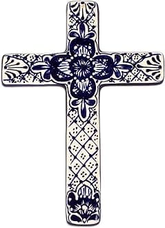 NOVICA Handmade Ceramic Wall Cross | Hand Painted Talavera | Floral Art | Artisan Crafted Decor | Religious Church Easter | Mexican Pottery Indoor Outdoor | Talavera Flower 12.5" H x 9" W x 0.4" D