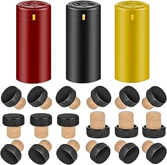 PVC heat shrink capsules 60 count 3 colors & 30 Pcs wine bottle cork stoppers, wine preservation set for cruise, home, cellars, bottle seal shrink wrap sleeves caps tops