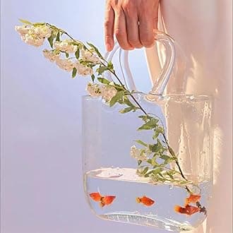 Glass Vase with Elegant Purse Design, Hand Purse vase with Fish Bowl, Unique Flower Vase with Handle and Bubbles - for Home Decor/Office/Garden/Wedding Decor/Enterpiece/Events (Light Pink)