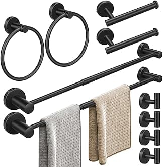 10pcs Matte Black Bathroom Hardware Set, Including 2pcs 24in Retractable Hand Single Towel Bar with 2pcs Toilet Paper Holders, 2pcs Towel Rings 4pcs Multifunctional Robe Hooks