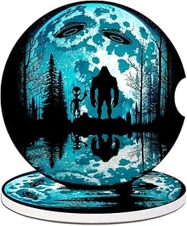 Car Cup Holder Coasters - Bigfoot Alien Green Moon Absorbent Ceramic Coaster 2 Pack, Anti Slip Car Coasters for Cup Holders, Fashion Car Interior Accessories Drink Coaster for Women & Men