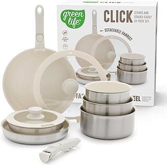 10 Piece Stainless Steel Pots and Pans, Detachable & Stackable Kitchen Set, Tri Ply Ceramic Nonstick PFAS Free Cookware, Space Saving with Removable Handle, Induction & Oven Safe, Glass Lid