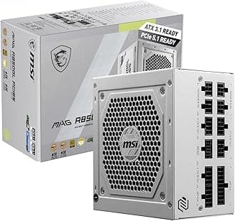 MSI MAG A850GL PCIE5 White Power Supply Unit, 850W, 80 Plus Gold, Fully Modular, ATX 3.0, PCIe 5.0 GPU Support, 120mm FDB Fan, Full-Bridge LLC, Flat Black Cables - 7 Year Warranty