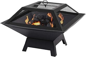Parkland Square Fire Pit with BBQ Grill Heater Outdoor Garden Black Barbeque Metal Brazier Patio Decor Firepit Stove Portable Heat Mesh Cover for Camping or Picnics