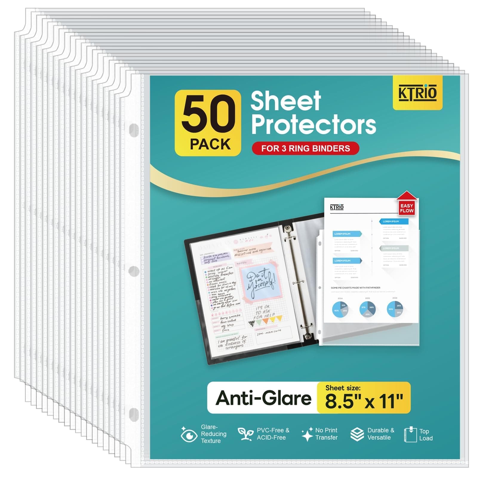 50 Pack Sheet Protectors for 3 Ring Binder, Non Glare Clear Page Protector, Plastic Document Sleeves Fits Standard 8.5 x 11 Paper, Top Loading, Acid Free