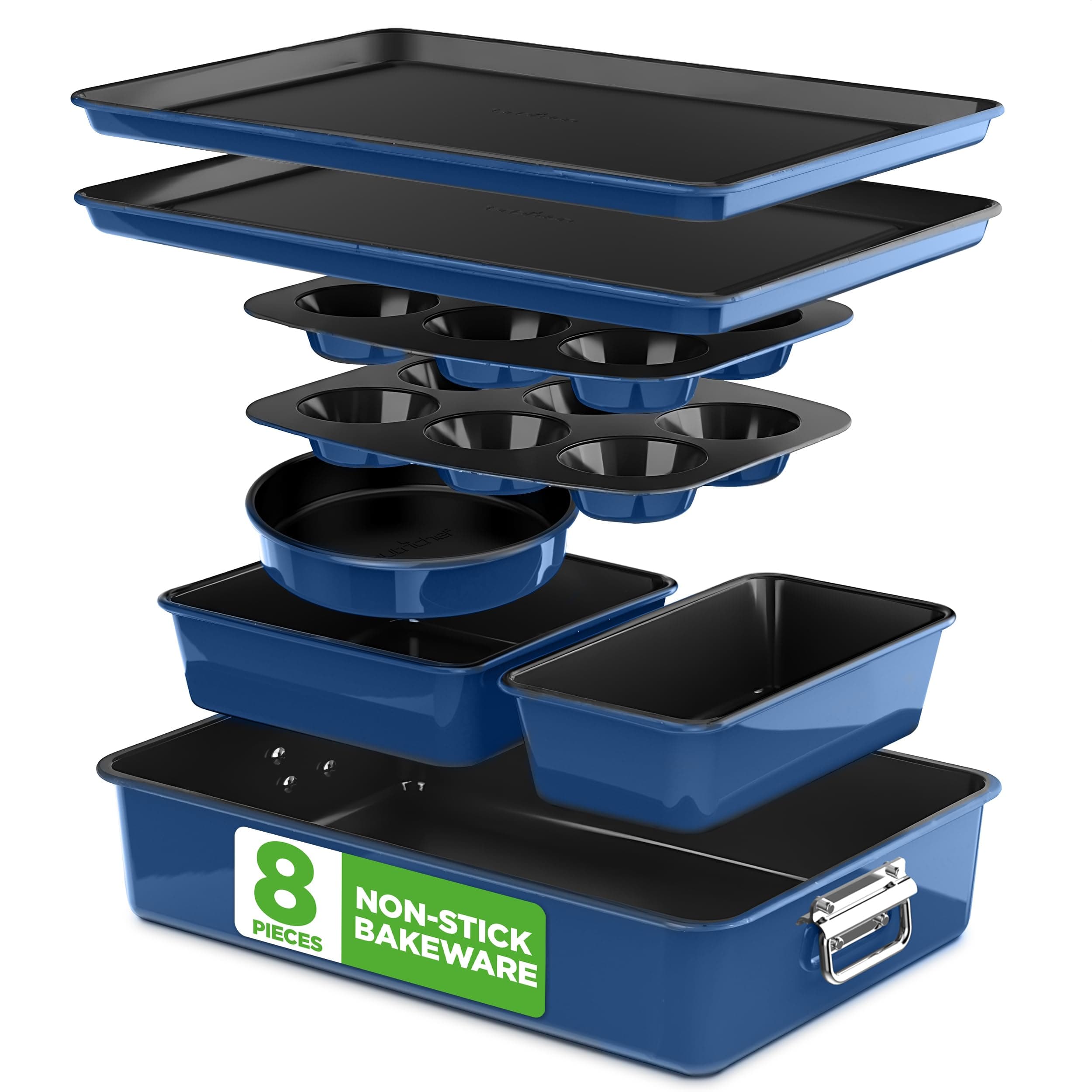 NutriChef 8-Piece Nonstick Stackable Bakeware Set - PFOA, PFOS, PTFE Free Baking Tray Set w/Non-Stick Coating, 450°F Oven Safe, Round Cake, Loaf, Muffin, Wide/Square Pans, Cookie Sheet (Blue)