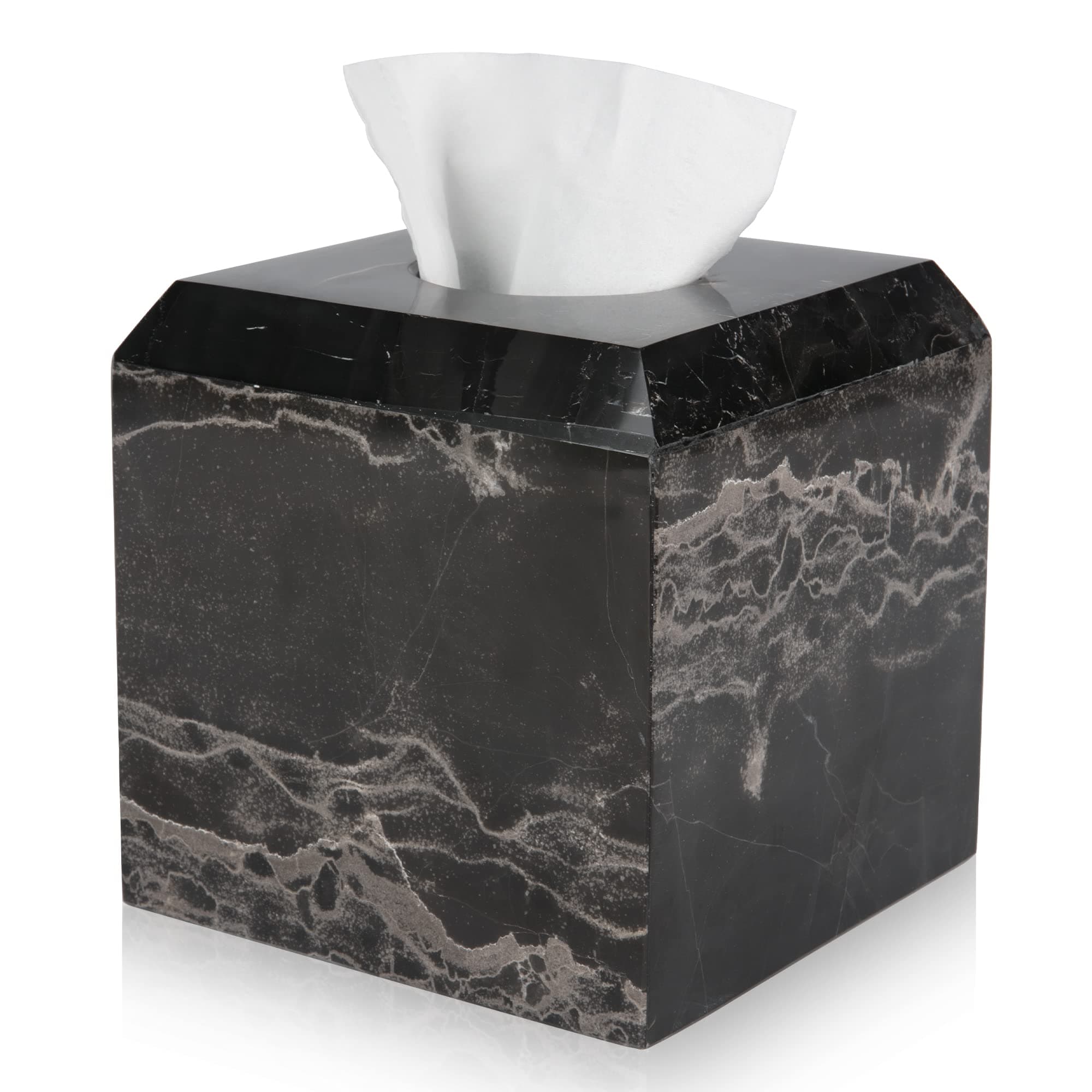 WORHE Tissue Box Cover Italy Natural Marble Heavy Duty Square Facial Toilet Paper Holder for Bathroom Living Room Bedroom Dresser Kitchen Minimalistic Office Home Decor Black (WH013)