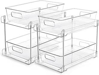 Vtopmart 2 Tier Bathroom Storage Organizer, 2 Pack Clear Under Sink Organizers Vanity Counter Container, Cabinet Drawers Bins, Pull-Out Organization with Track for Pantry, Kitchen