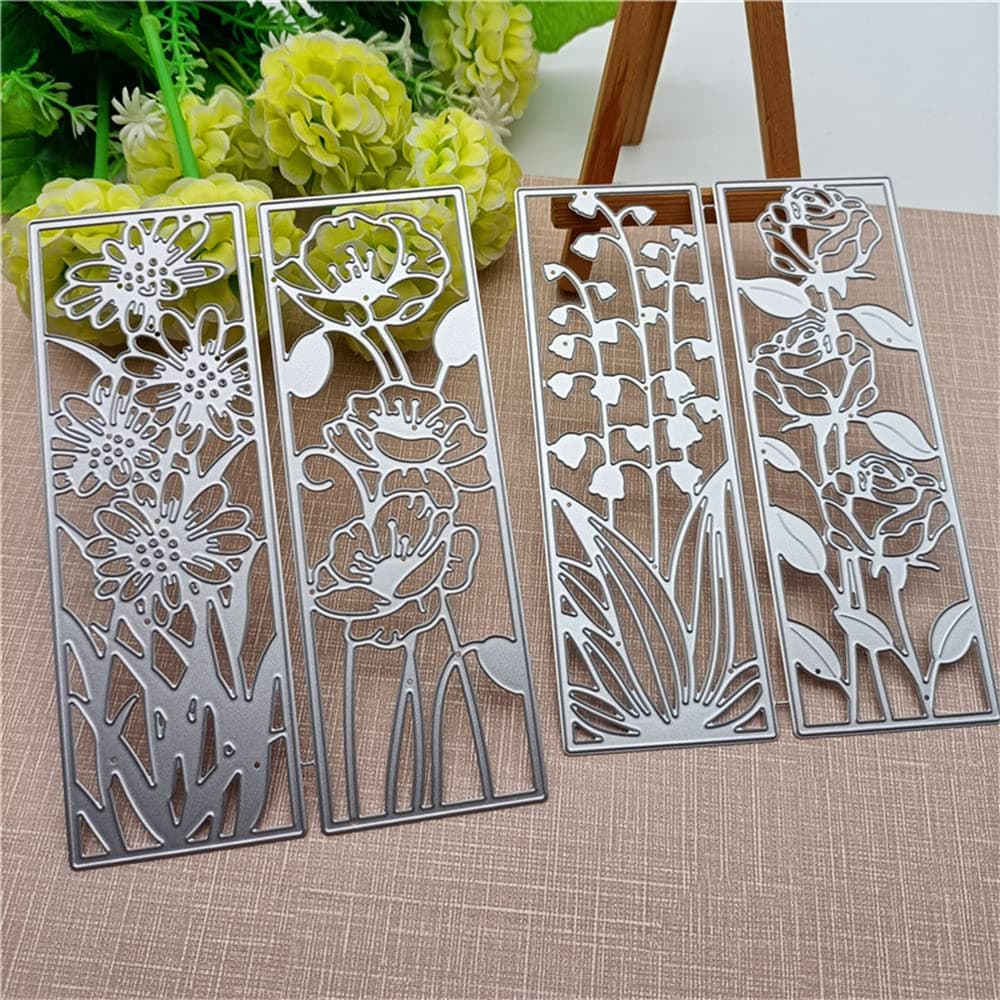 4 Pieces Background Flower Frame Metal Cutting Dies 3D Rectangle Flower Dies Leaves Shape Embossing Scrapbooking Dies Cuts Stencil for DIY Scrapbooking Bookmark Album Decoration Card Making