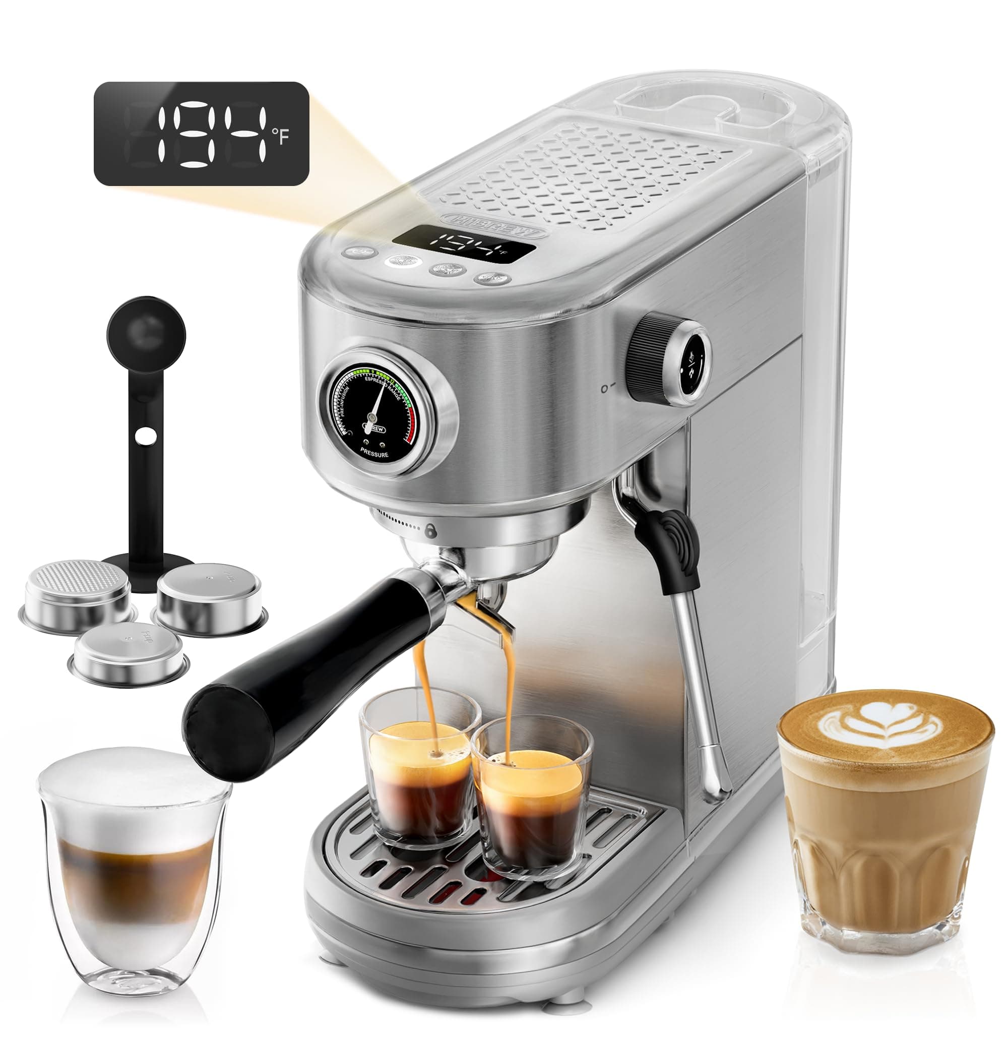 HIBREW Espresso Machine 20 Bar, Semi-Automatic Cappuccino Maker with Milk Frother for Latte Art, Adjustable Temperature & Water Volume, with Display, Pressure Gauge & Stainless Steel Body
