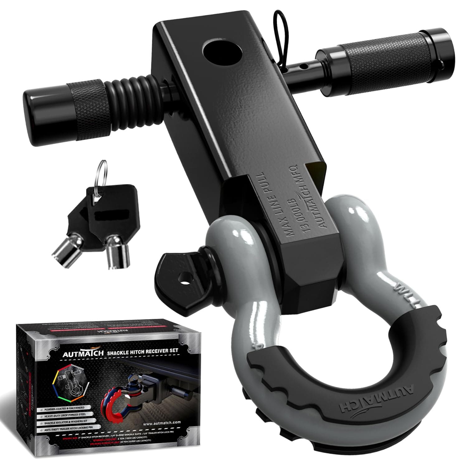 AUTMATCH Shackle Hitch Receiver 2 Inch - 3/4" D Ring Shackle and 5/8" Trailer Hitch Lock Pin, 45,000 Lbs Break Strength Heavy Duty Receiver Towing Kit for Off-Road Vehicle Recovery, Black & Gray