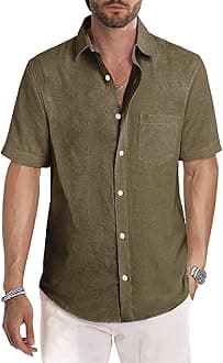 JMIERR Men's Casual Stylish Short Sleeve Button-Up Striped Dress Shirts Cotton Beach Shirt