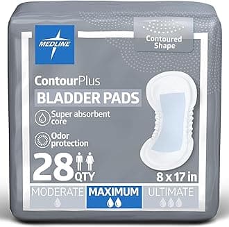 Medline ContourPlus Bladder Control Pads, Maximum Absorbency, 6.5 x 13.5 Inches, Bag of 28