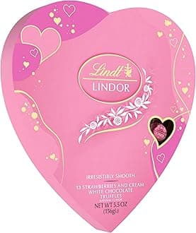 LINDOR Valentine's Strawberries and Cream White Chocolate Candy Truffles Heart, White Chocolate Candy with Strawberries and Cream White Truffle Filling, 5.5 oz.
