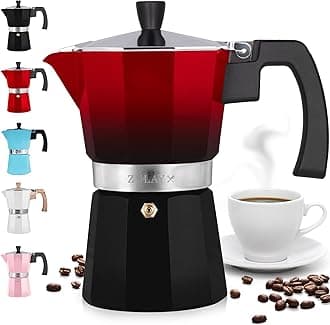 Zulay Kitchen Stovetop Espresso Maker - Moka Pot 6 Espresso Cups - Percolator Coffee Maker for Classic Cuban & Italian Style Espresso - Portable Coffee Maker for Camping & Travel - (Red/Black)